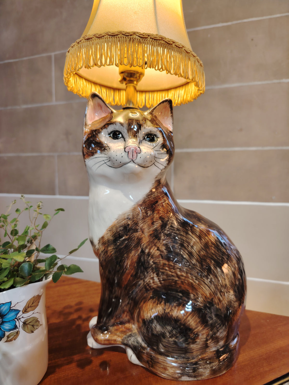 Large Vintage Reworked Hand Painted  Cat Lamp