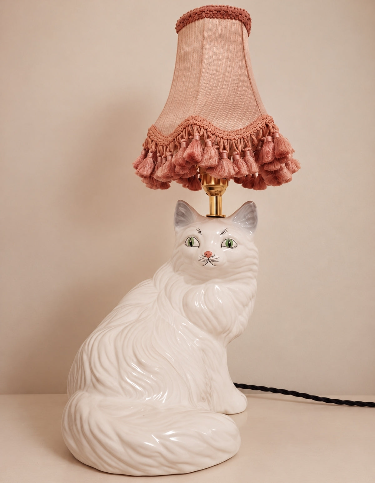 Vintage Reworked White Fluffy Persian Cat Lamp