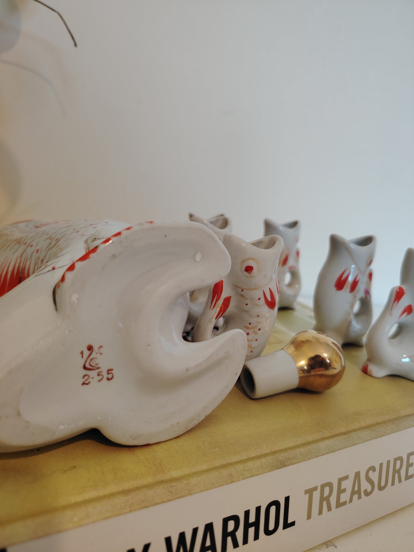 Amazing Vintage Porcelain Fish Decanter Set with 6 Small Fish Glasses