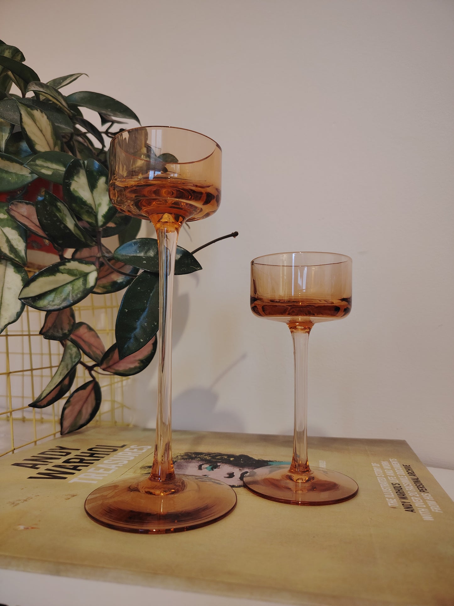 Pair of Vintage Amber Glass Wedgwood Brancaster Candle Holders