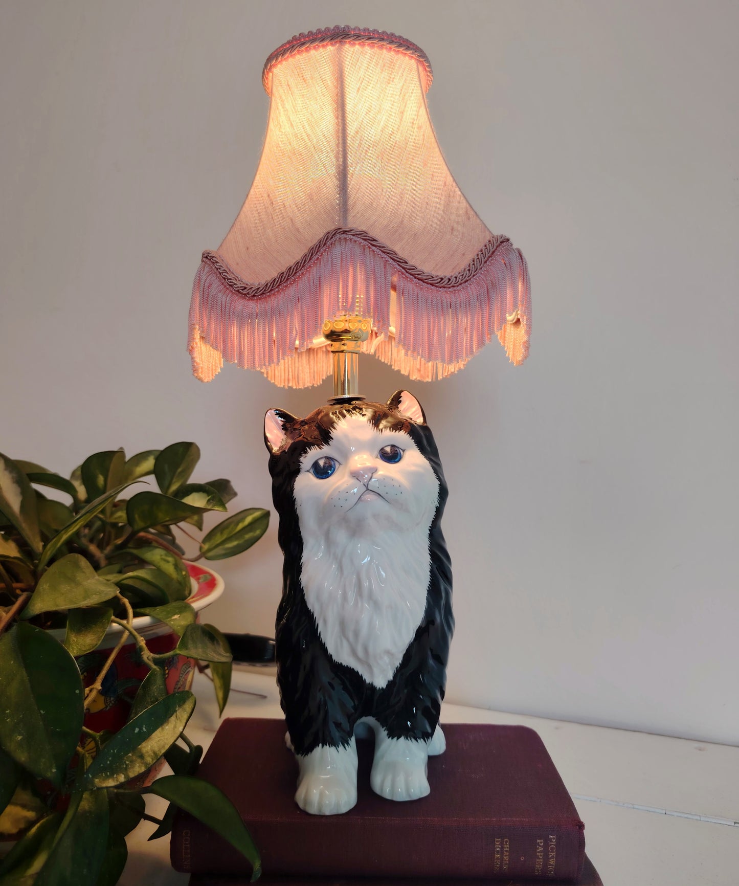 Vintage Reworked Small Fluffy Tuxedo Cat Lamp