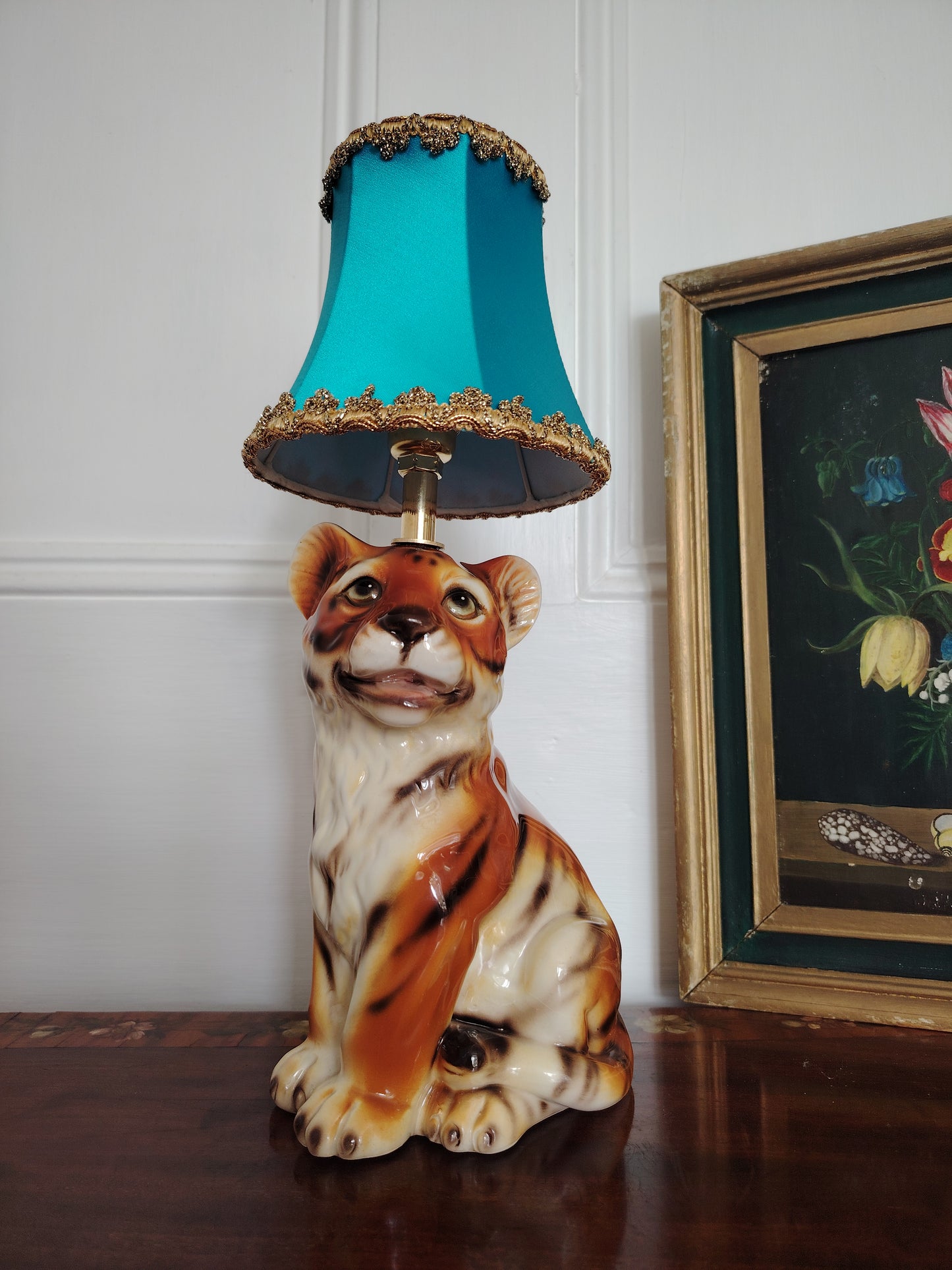Reworked Mid-Century Small Tiger Cub Lamp Turquoise Shade