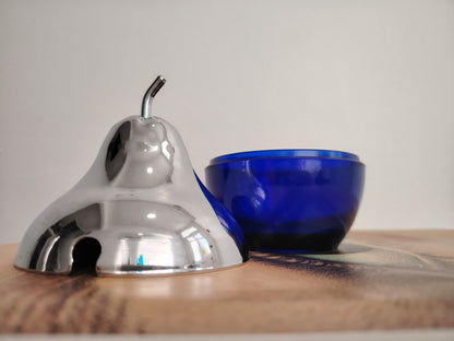 Pair of 70's cobalt blue glass and silver Apple and Pear pots