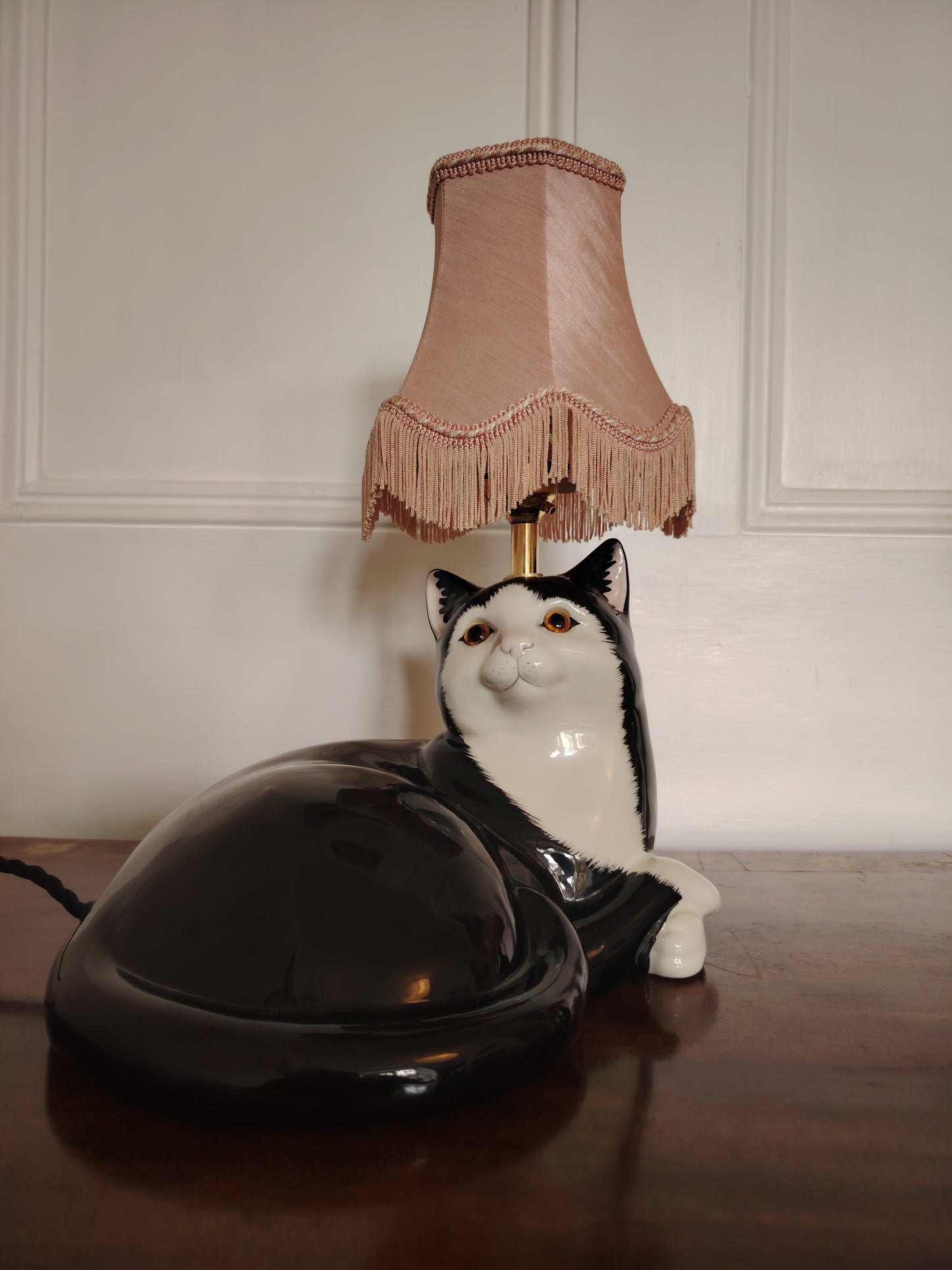 Large Vintage Reworked Lying Down Tuxedo Cat Lamp