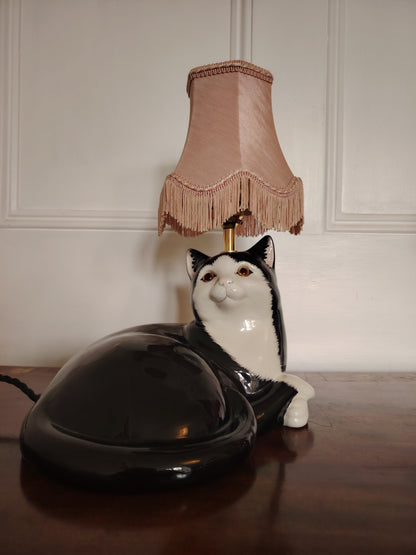 Large Vintage Reworked Lying Down Tuxedo Cat Lamp