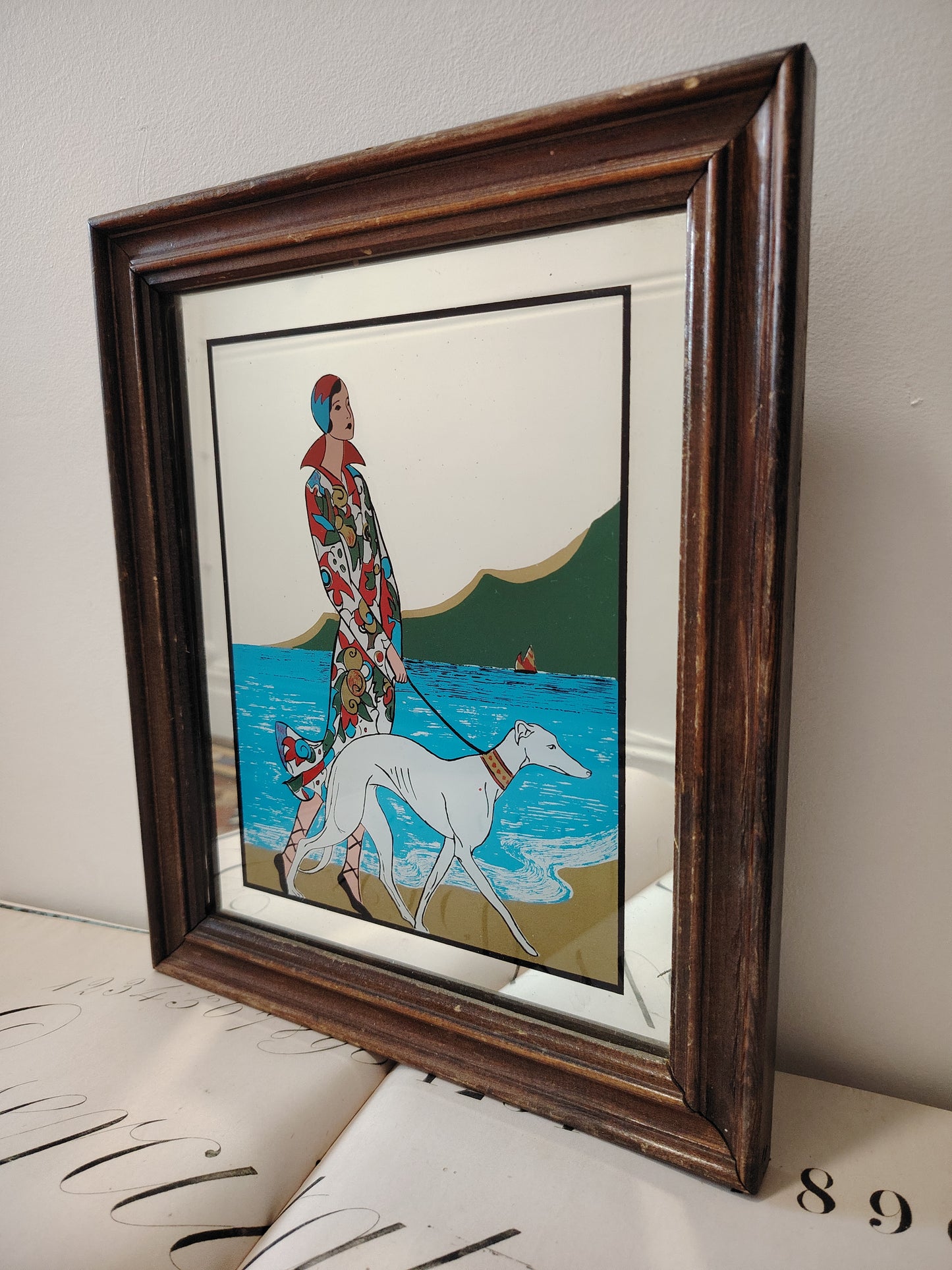 Art Deco Style Picture Mirror Lady and Greyhound