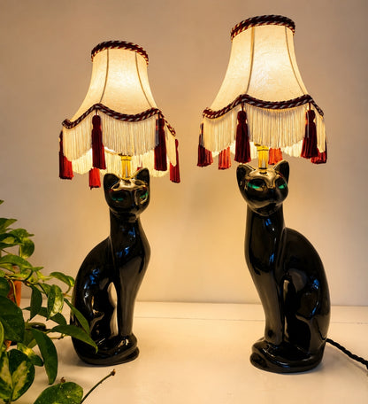 Pair of Vintage Reworked Black Cat Lamps 🐈‍⬛🐈‍⬛💚