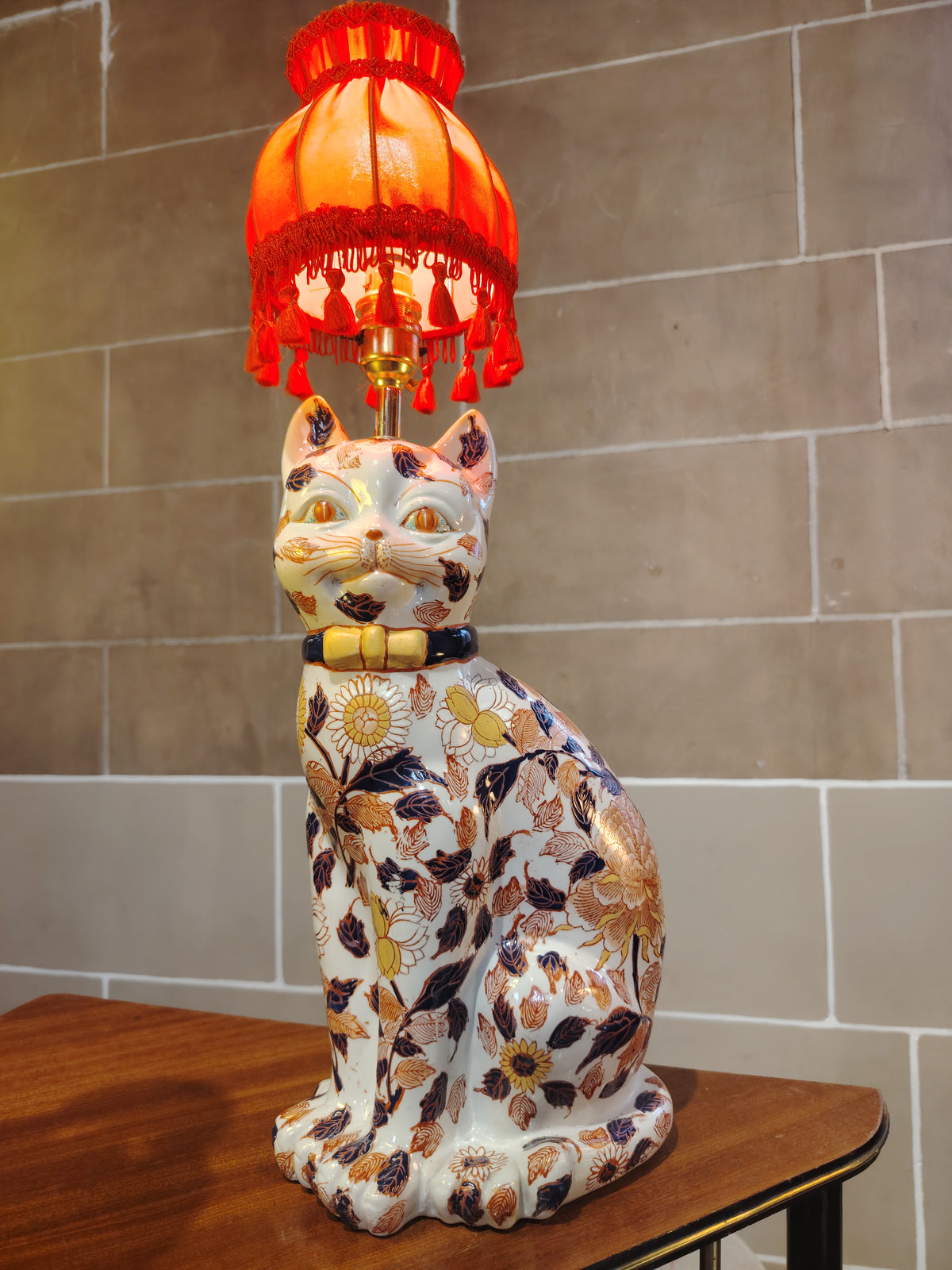 Reworked Antique Floral Imari Cat Lamp