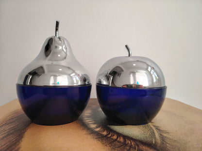 Pair of 70's cobalt blue glass and silver Apple and Pear pots