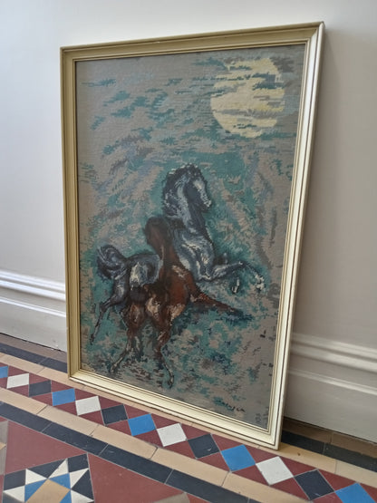 Large 1960's Framed Horses Cross Stitch