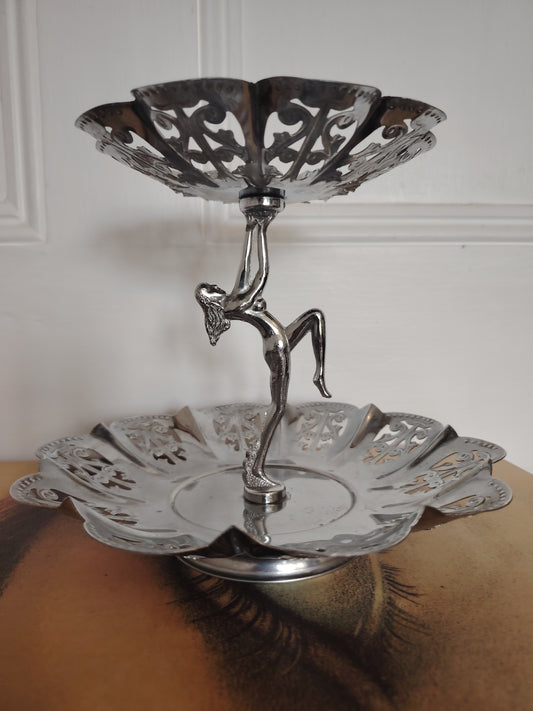 Art Deco Style Nude Lady Chrome Cake Stand