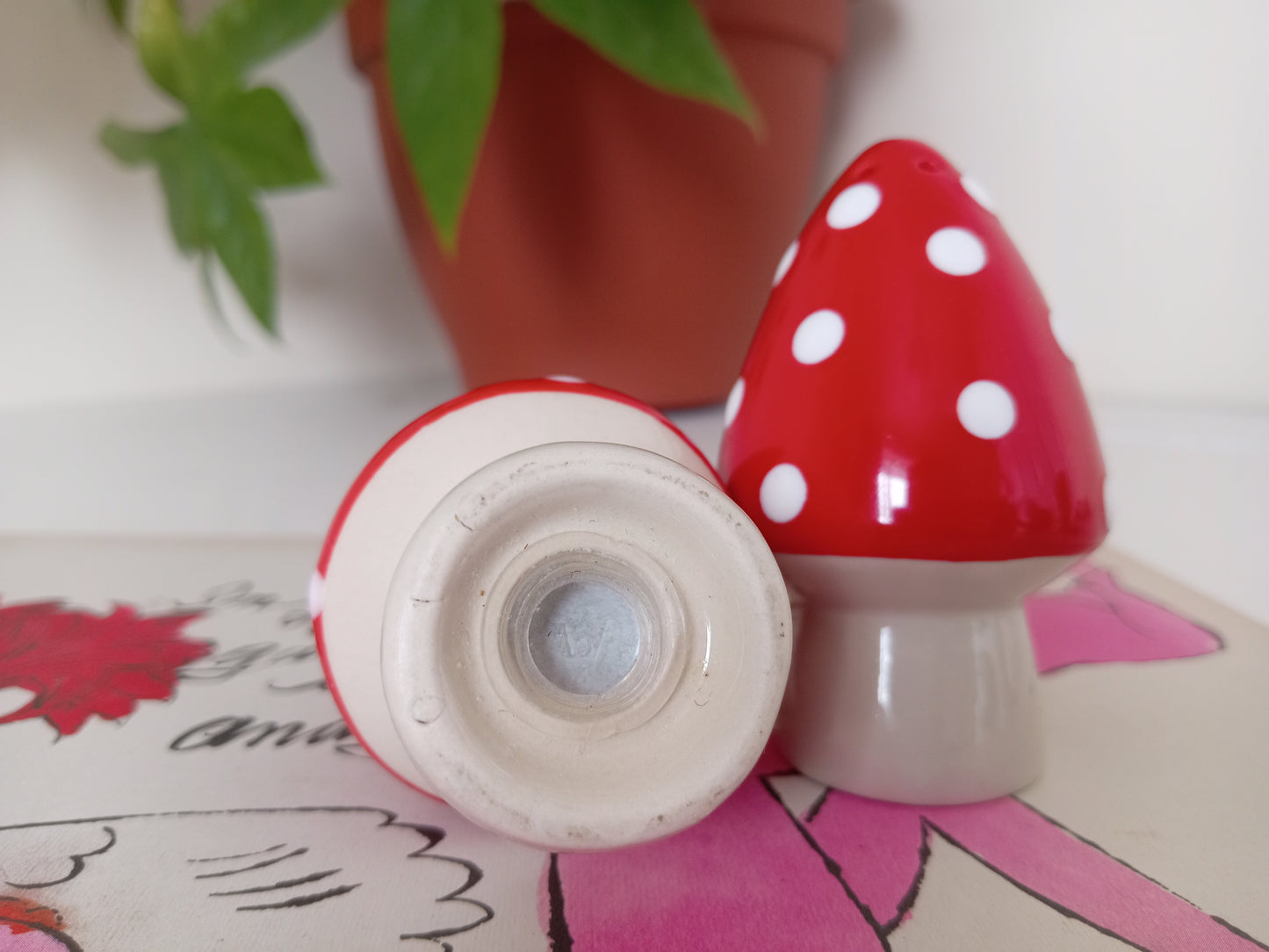 Pair of ceramic toadstool salt and pepper shakers