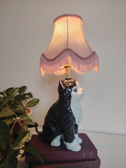 Vintage Reworked Small Fluffy Tuxedo Cat Lamp
