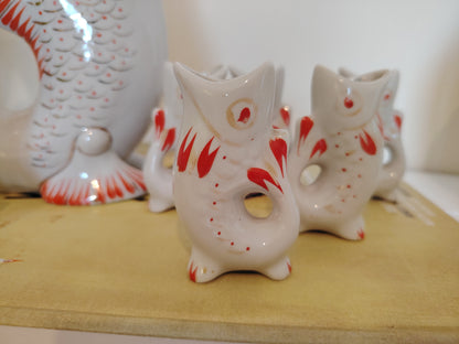Amazing Vintage Porcelain Fish Decanter Set with 6 Small Fish Glasses