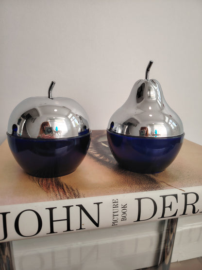 Pair of 70's cobalt blue glass and silver Apple and Pear pots