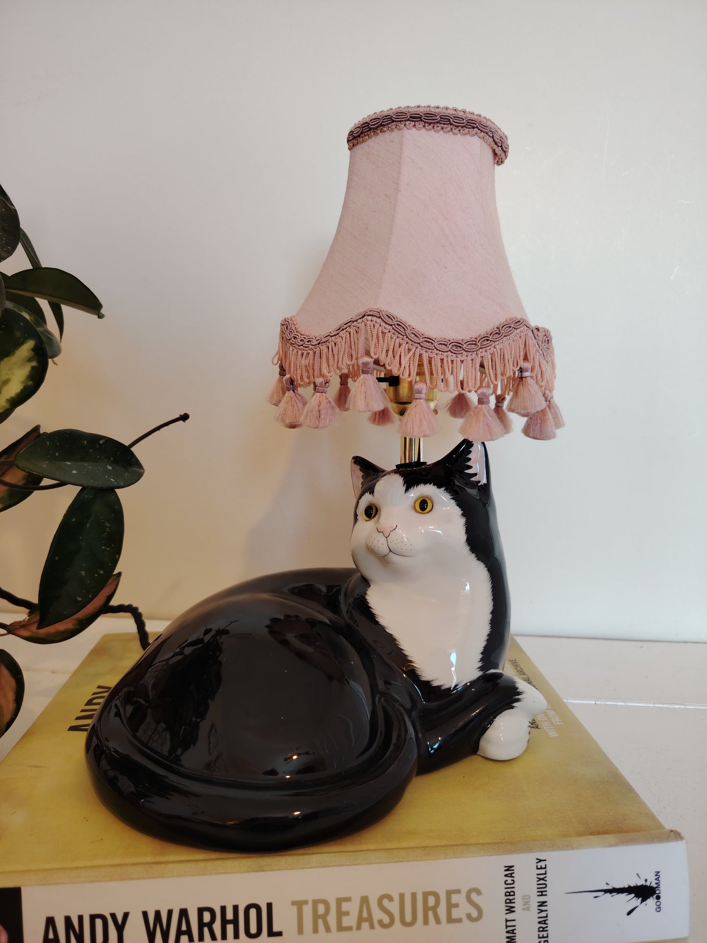 Large Vintage Upcycled Lying Down Tuxedo Cat Lamp
