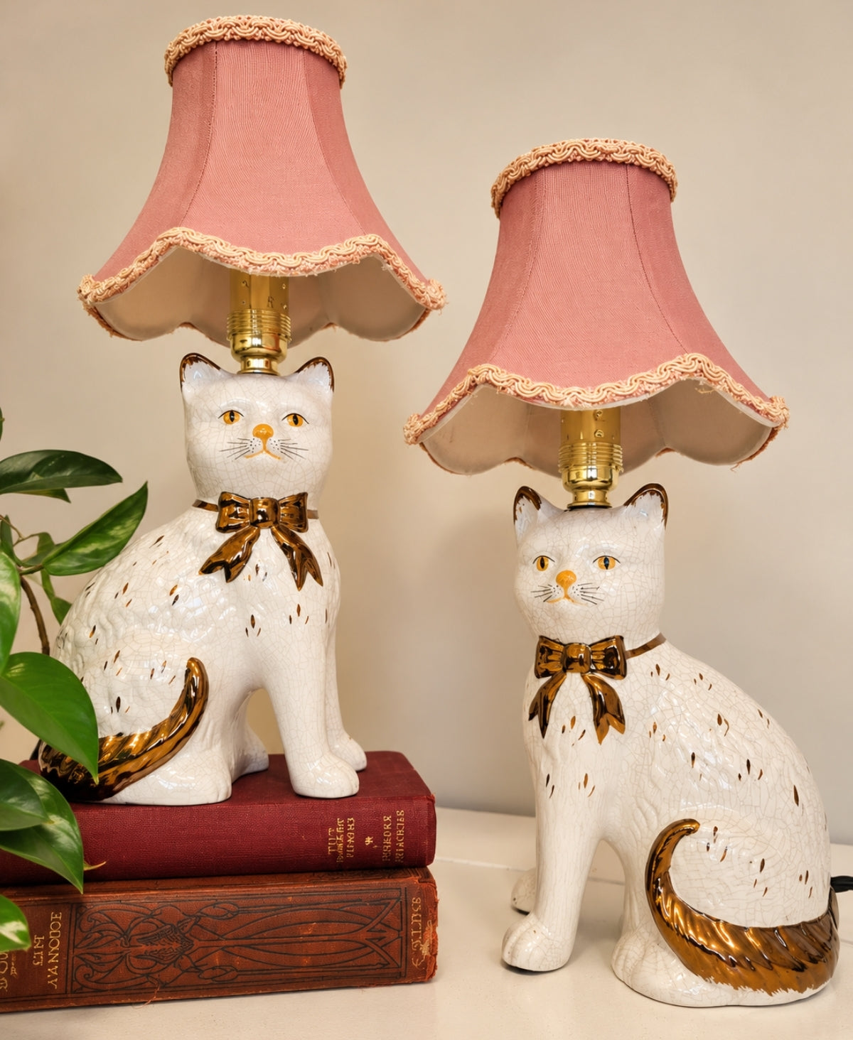 Vintage Pair of Reworked Staffordshire Style Cat Lamps With Pink Shades
