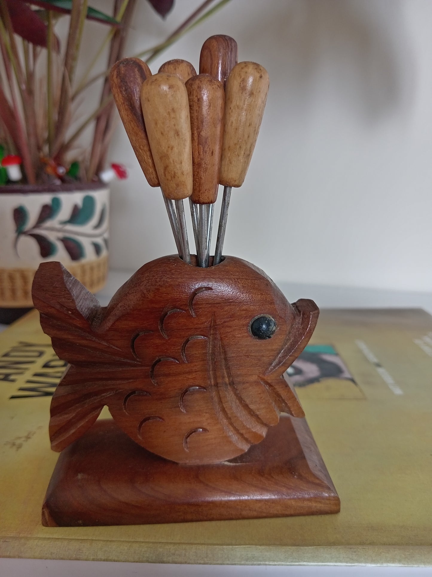 Mid Century Teak Fish Cocktail Fork Holder