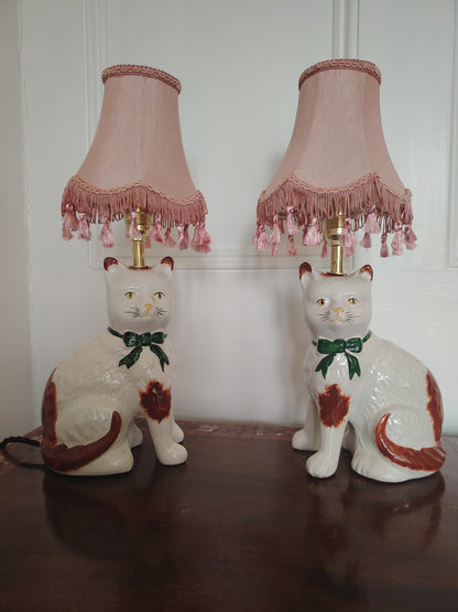 Vintage Pair of Reworked Staffordshire Style Cat Lamps With Pink Shades