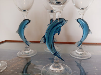 Set of 5 vintage wine glasses with dolphin stems