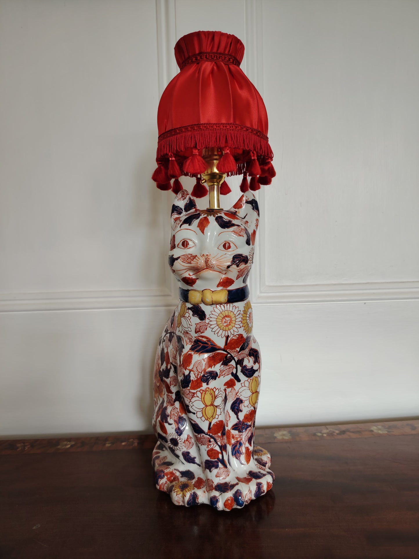 Reworked Antique Floral Imari Cat Lamp