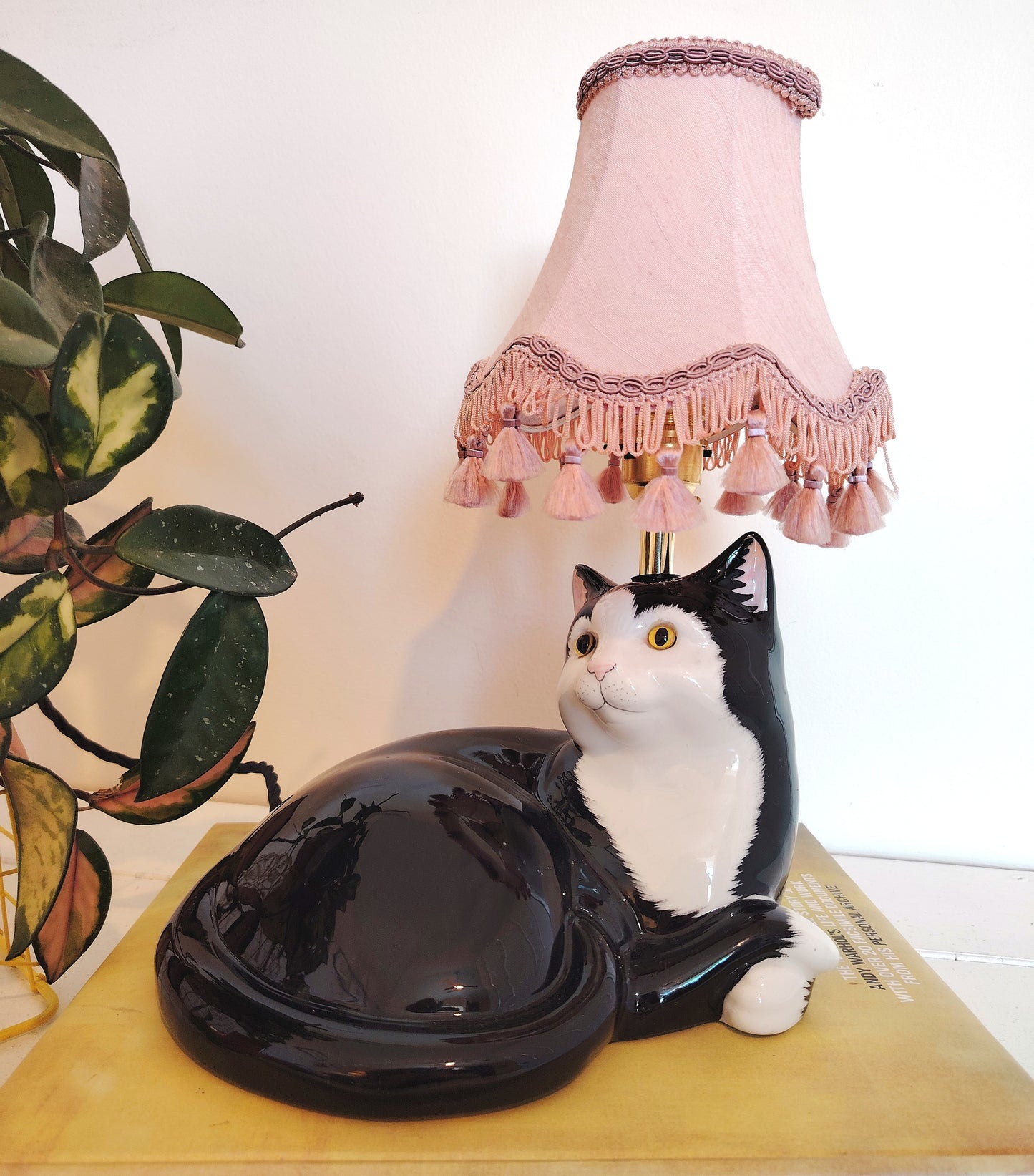 Large Vintage Upcycled Lying Down Tuxedo Cat Lamp