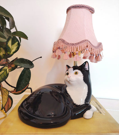 Large Vintage Upcycled Lying Down Tuxedo Cat Lamp