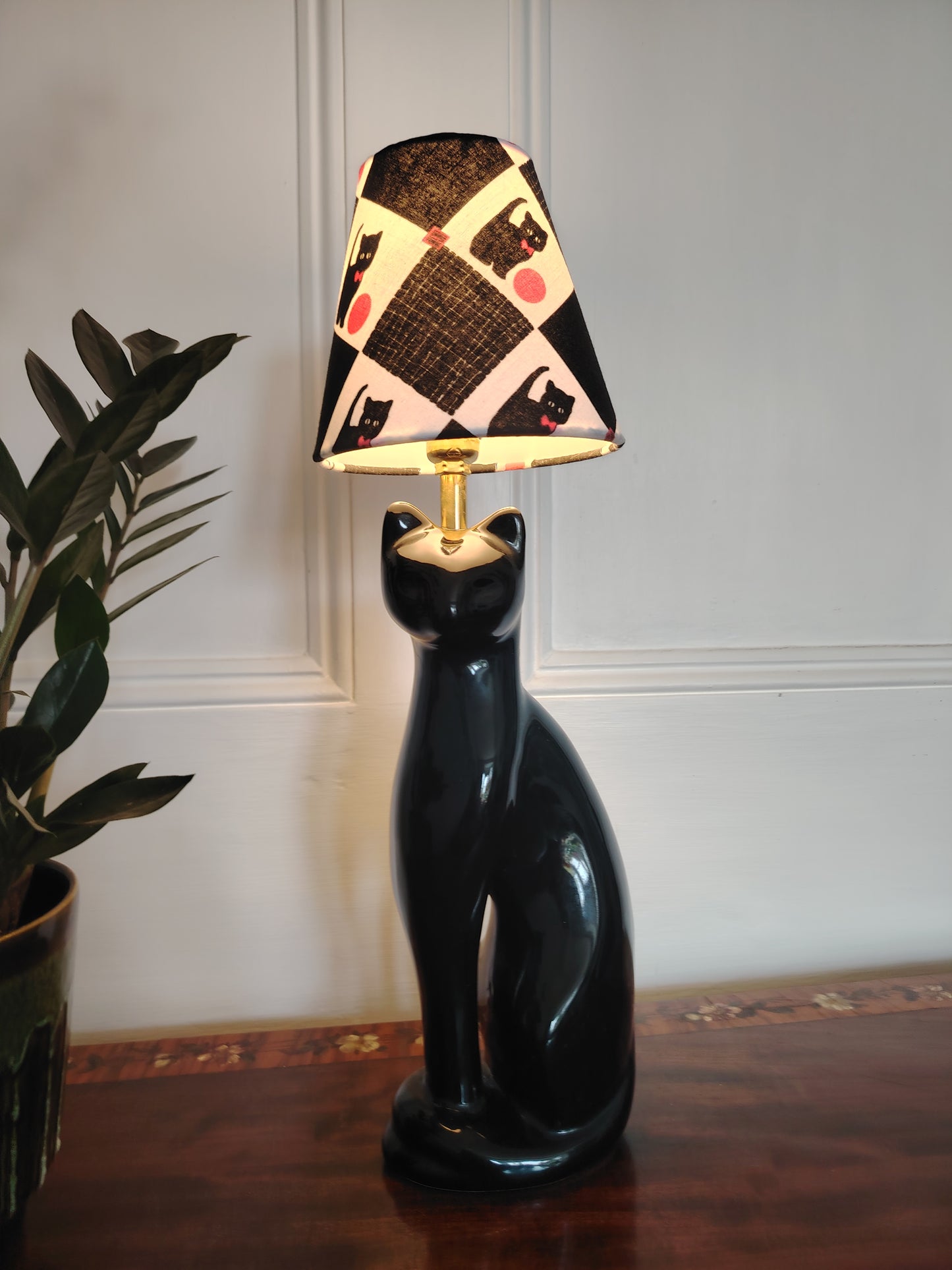Vintage Reworked Black Cat Lamp with Handmade Shade ❤️🐈‍⬛