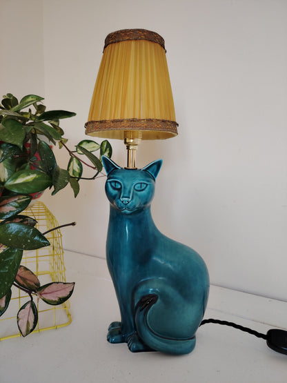 Stunning Blue Mid Century Poole Pottery Reworked Cat Lamp