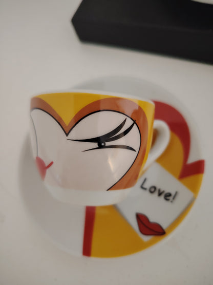 Set of 6 Vintage Eye Design Espresso Cups and Saucers