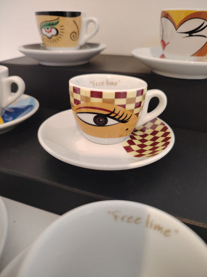 Set of 6 Vintage Eye Design Espresso Cups and Saucers