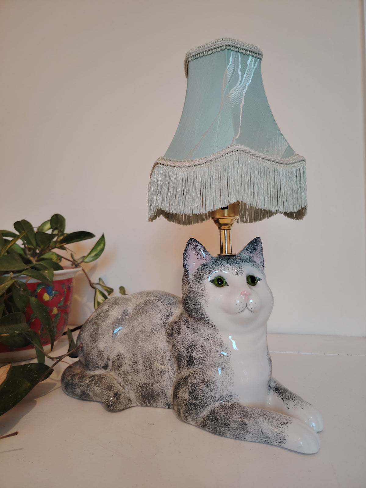 Vintage Reworked Grey and White Cat Lamp