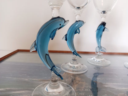 Set of 5 vintage wine glasses with dolphin stems