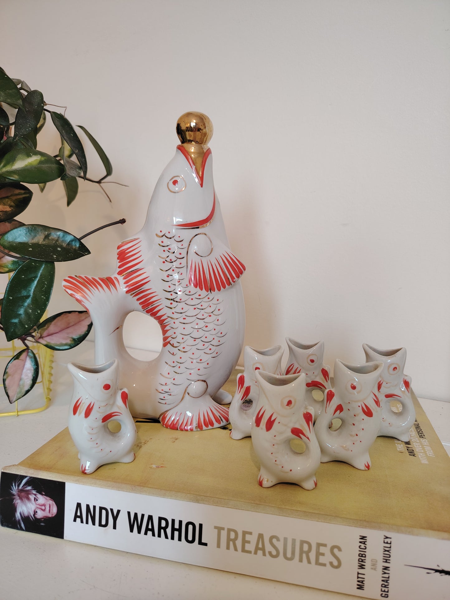 Amazing Vintage Porcelain Fish Decanter Set with 6 Small Fish Glasses