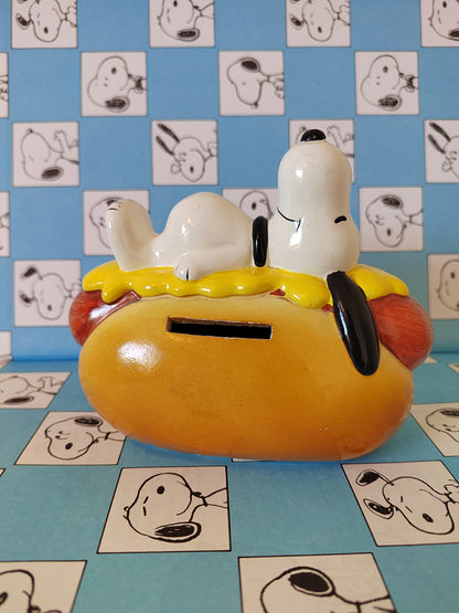 Rare Vintage Snoopy on a Hot Dog ceramic money bank