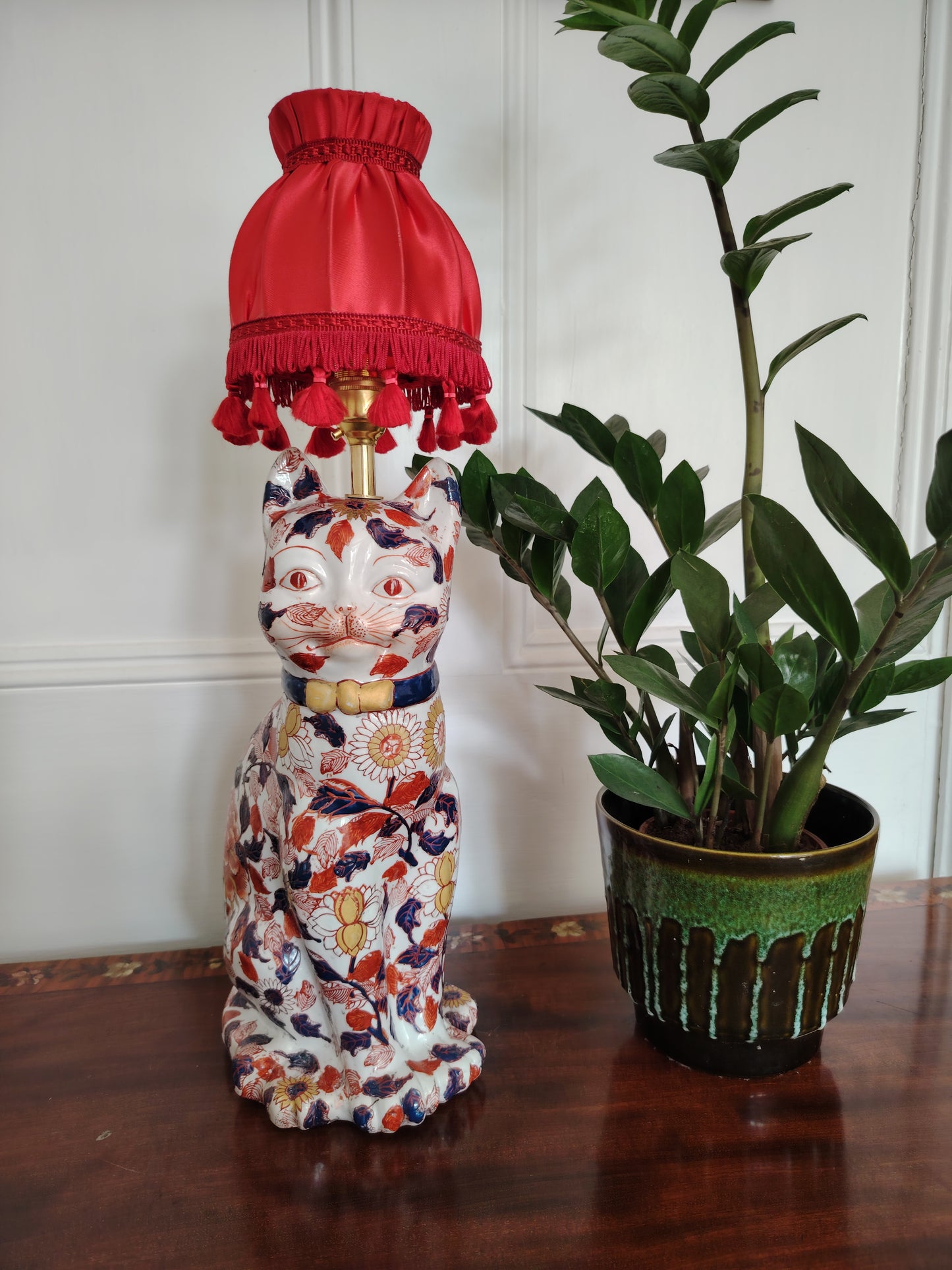 Reworked Antique Floral Imari Cat Lamp