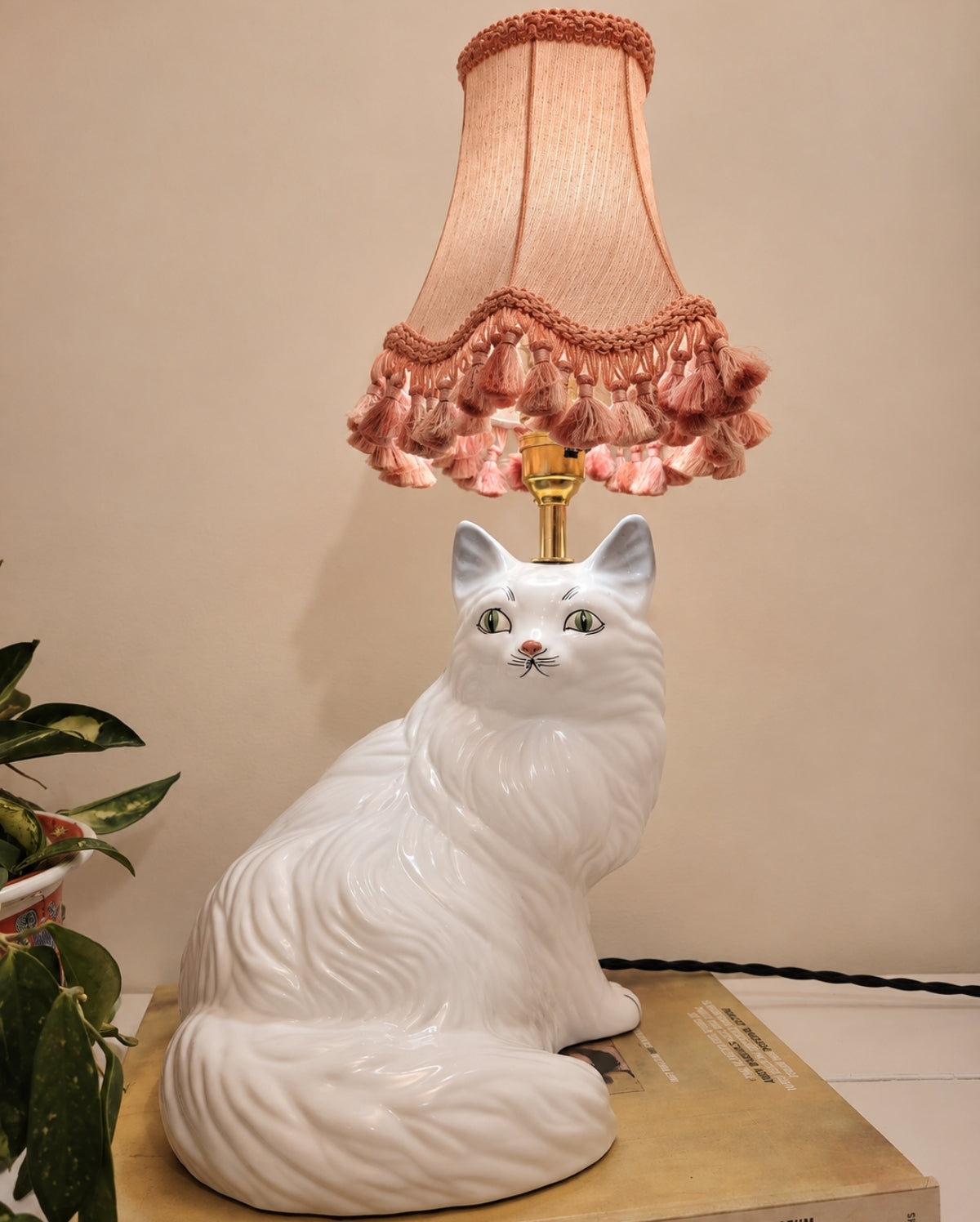 Vintage Reworked White Fluffy Persian Cat Lamp