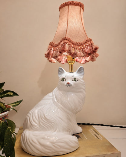 Vintage Reworked White Fluffy Persian Cat Lamp