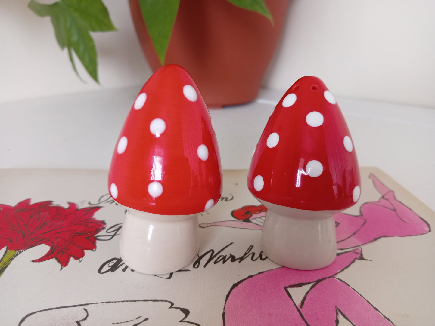 Pair of ceramic toadstool salt and pepper shakers