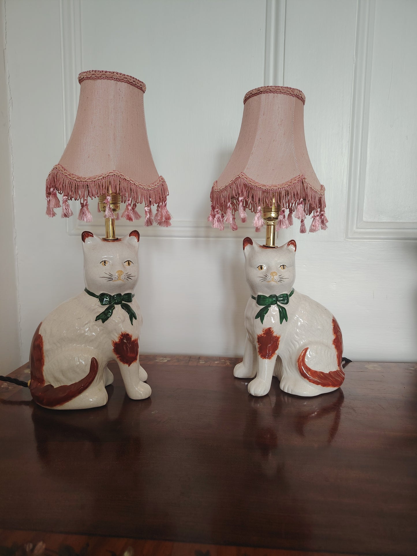 Vintage Pair of Reworked Staffordshire Style Cat Lamps With Pink Shades