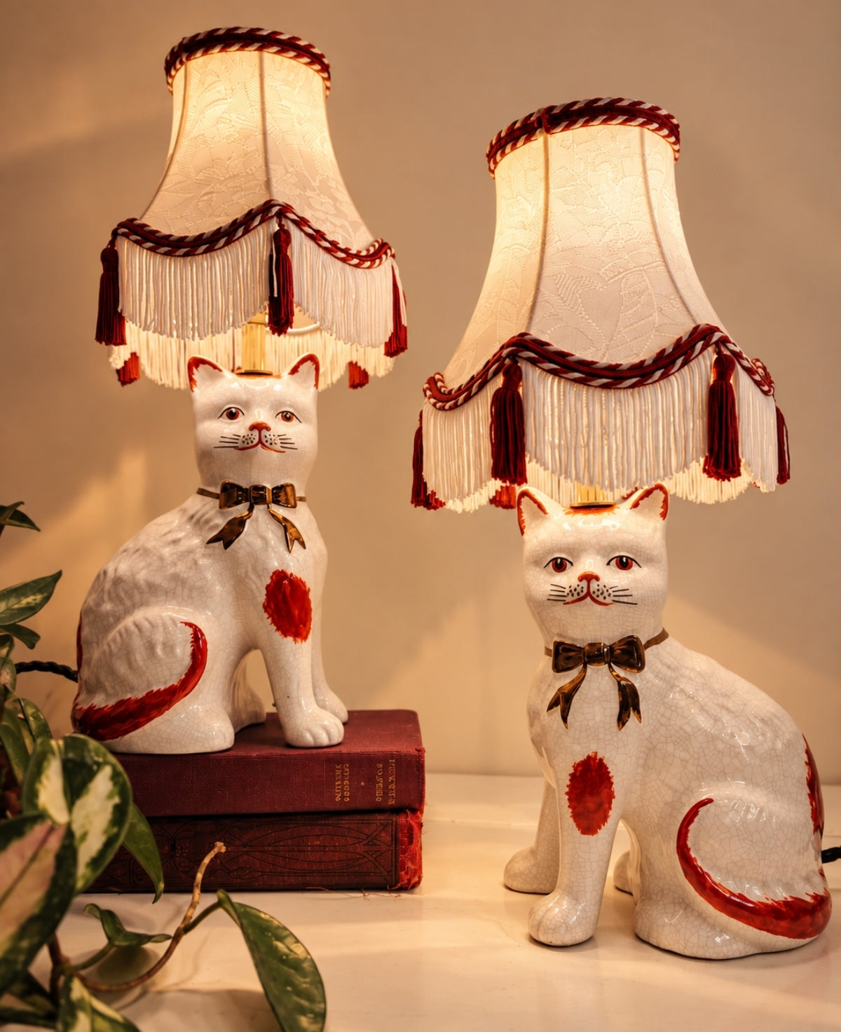 Vintage Pair of Reworked Staffordshire Style Cat Lamps 🎀✨