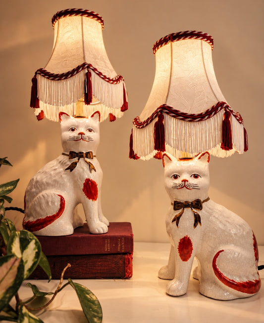 Vintage Pair of Reworked Staffordshire Style Cat Lamps 🎀✨