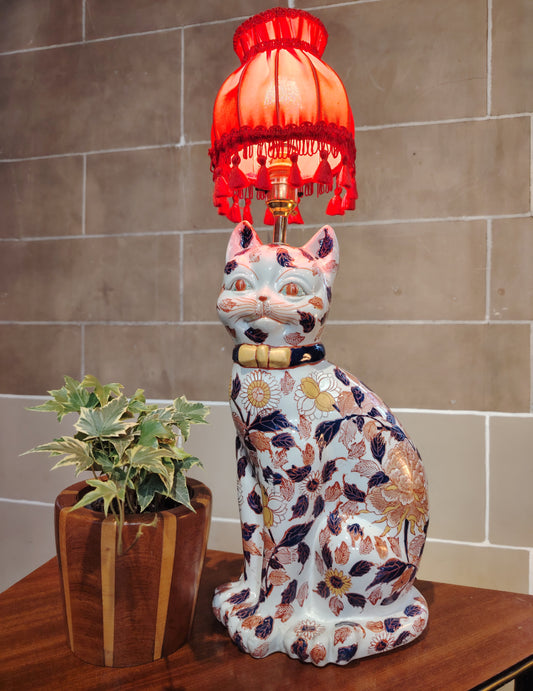 Reworked Antique Floral Imari Cat Lamp