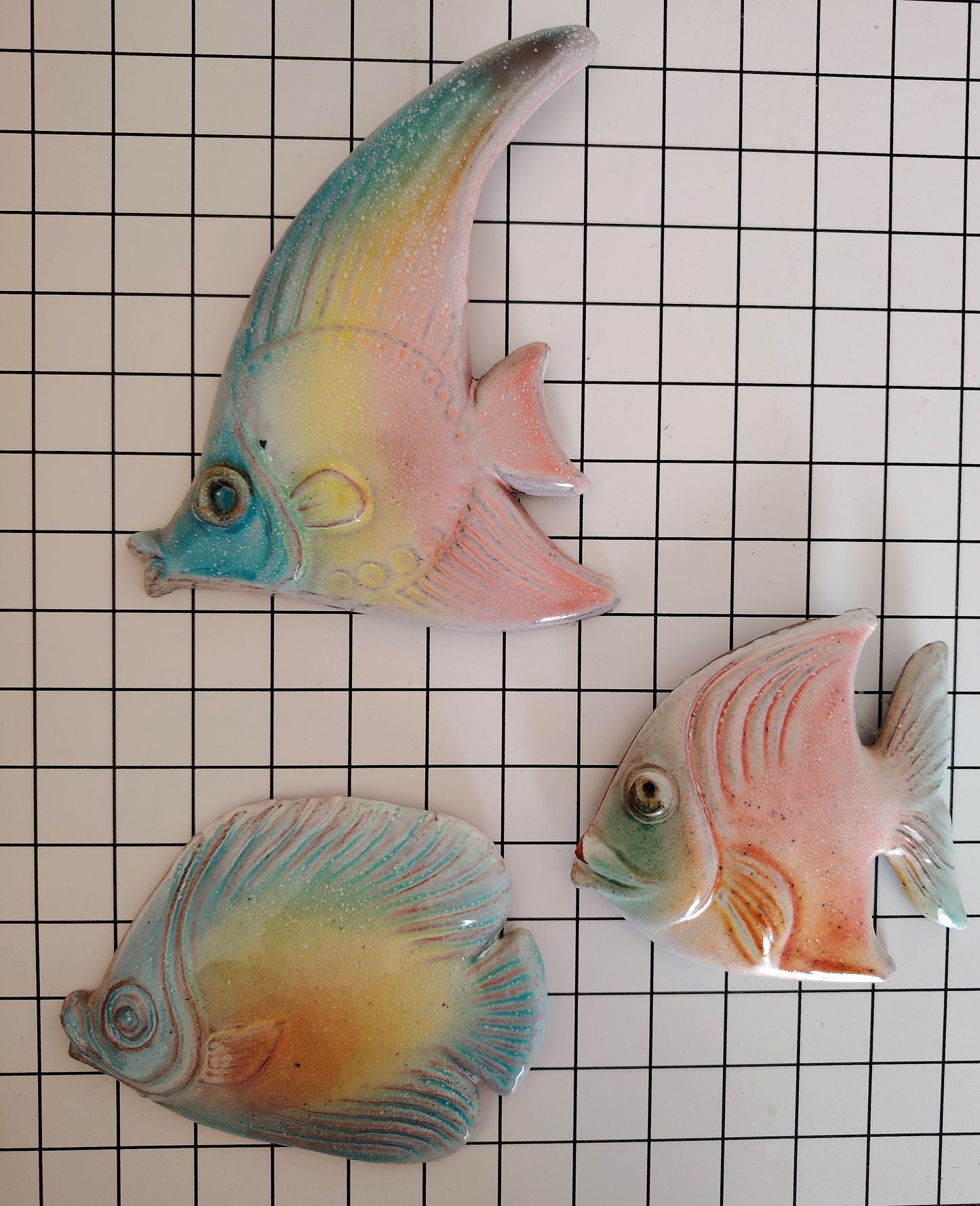 Trio of Vintage Pastel Fish Wall Hangings