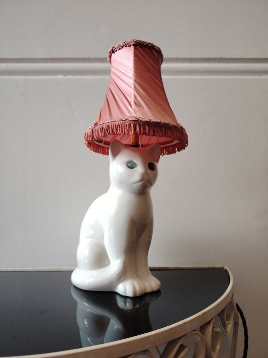 Vintage Small White Upcycled Cat lamp