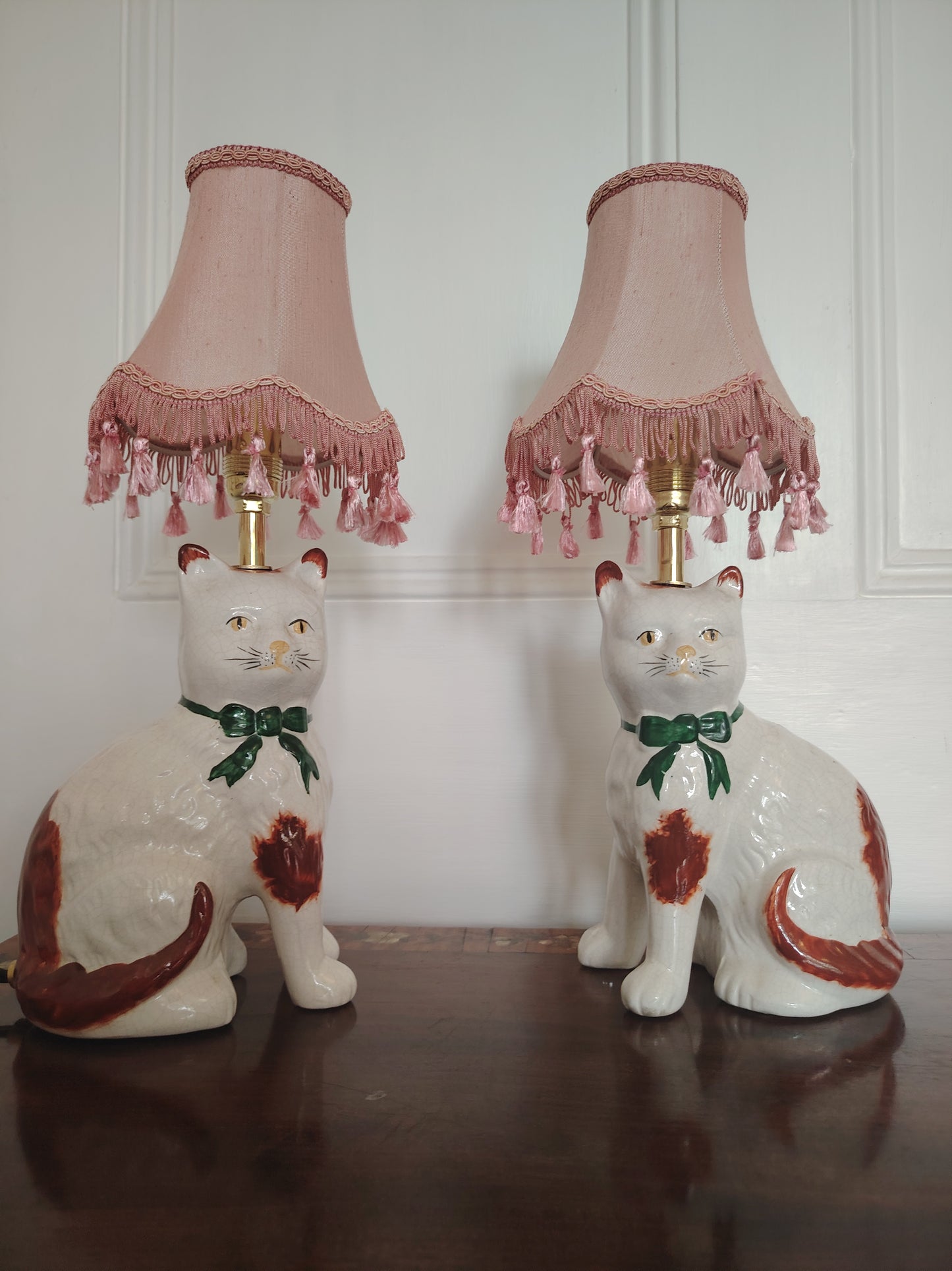 Vintage Pair of Reworked Staffordshire Style Cat Lamps With Pink Shades