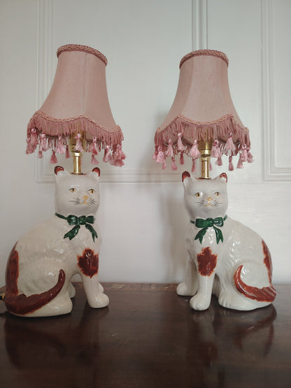 Vintage Pair of Reworked Staffordshire Style Cat Lamps With Pink Shades
