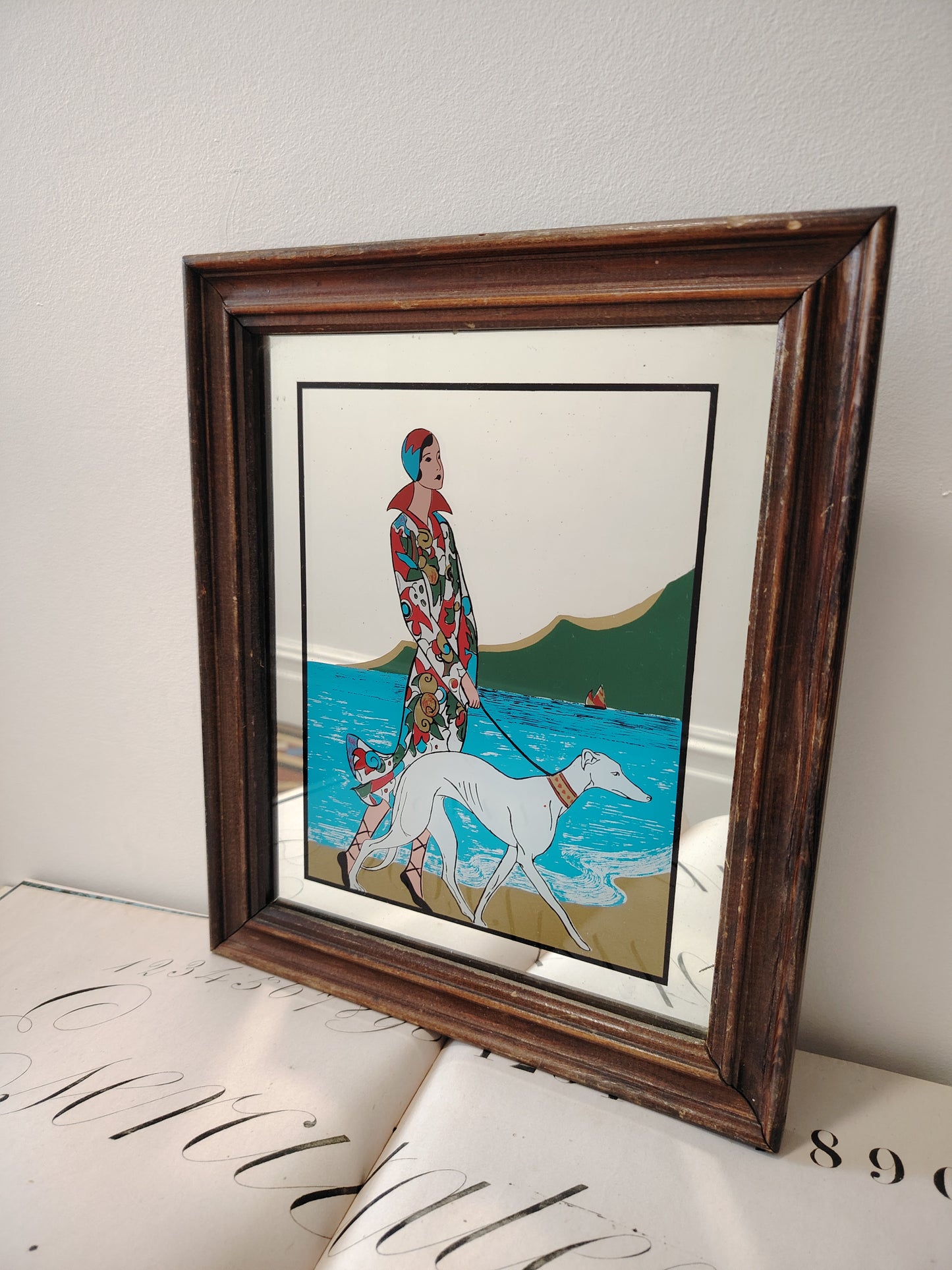 Art Deco Style Picture Mirror Lady and Greyhound