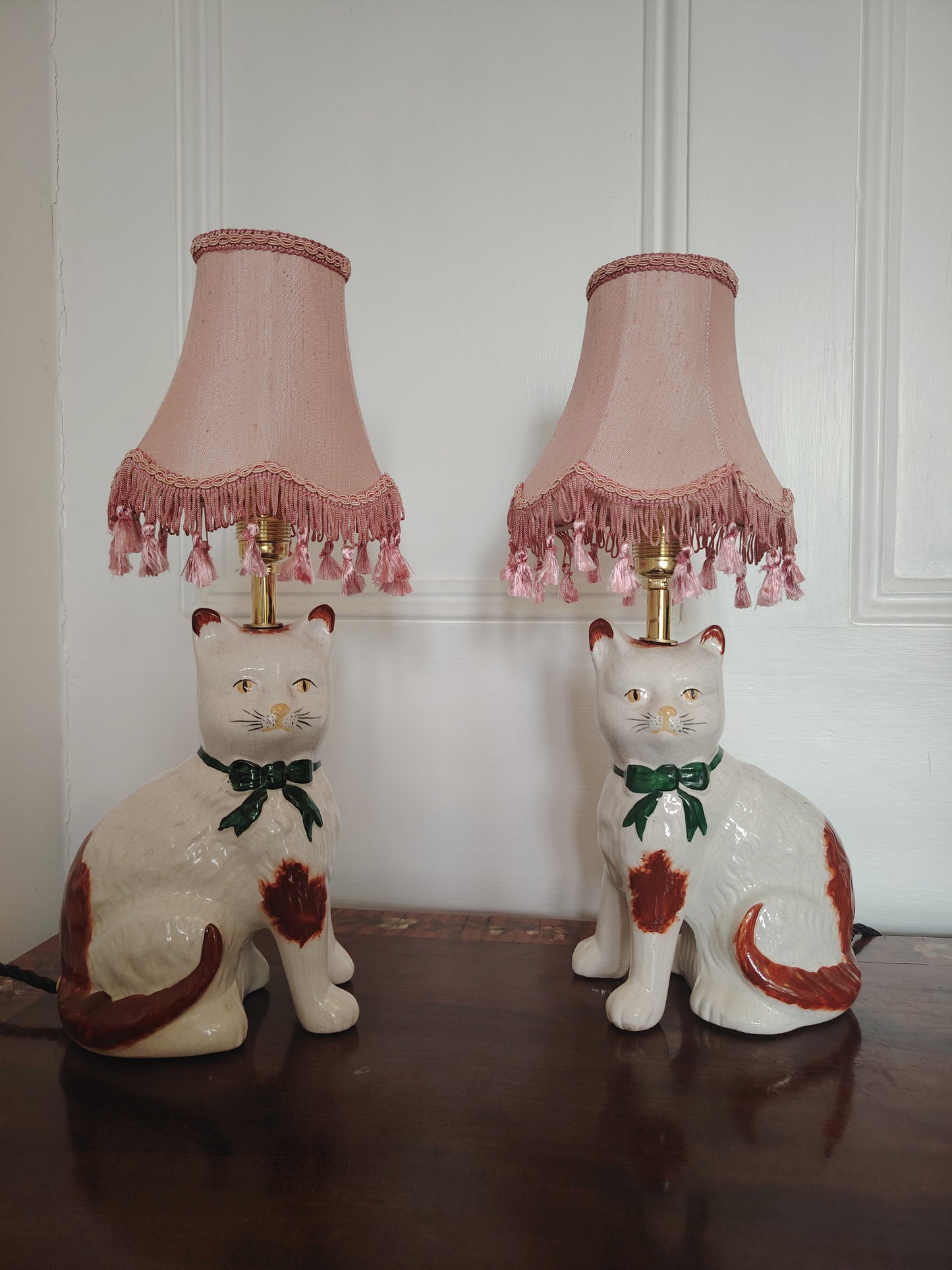 Vintage Pair of Reworked Staffordshire Style Cat Lamps With Pink Shades