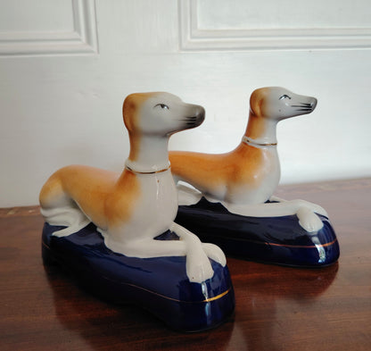 Pair of Antique Staffordshire Style Lurchers on Cushions